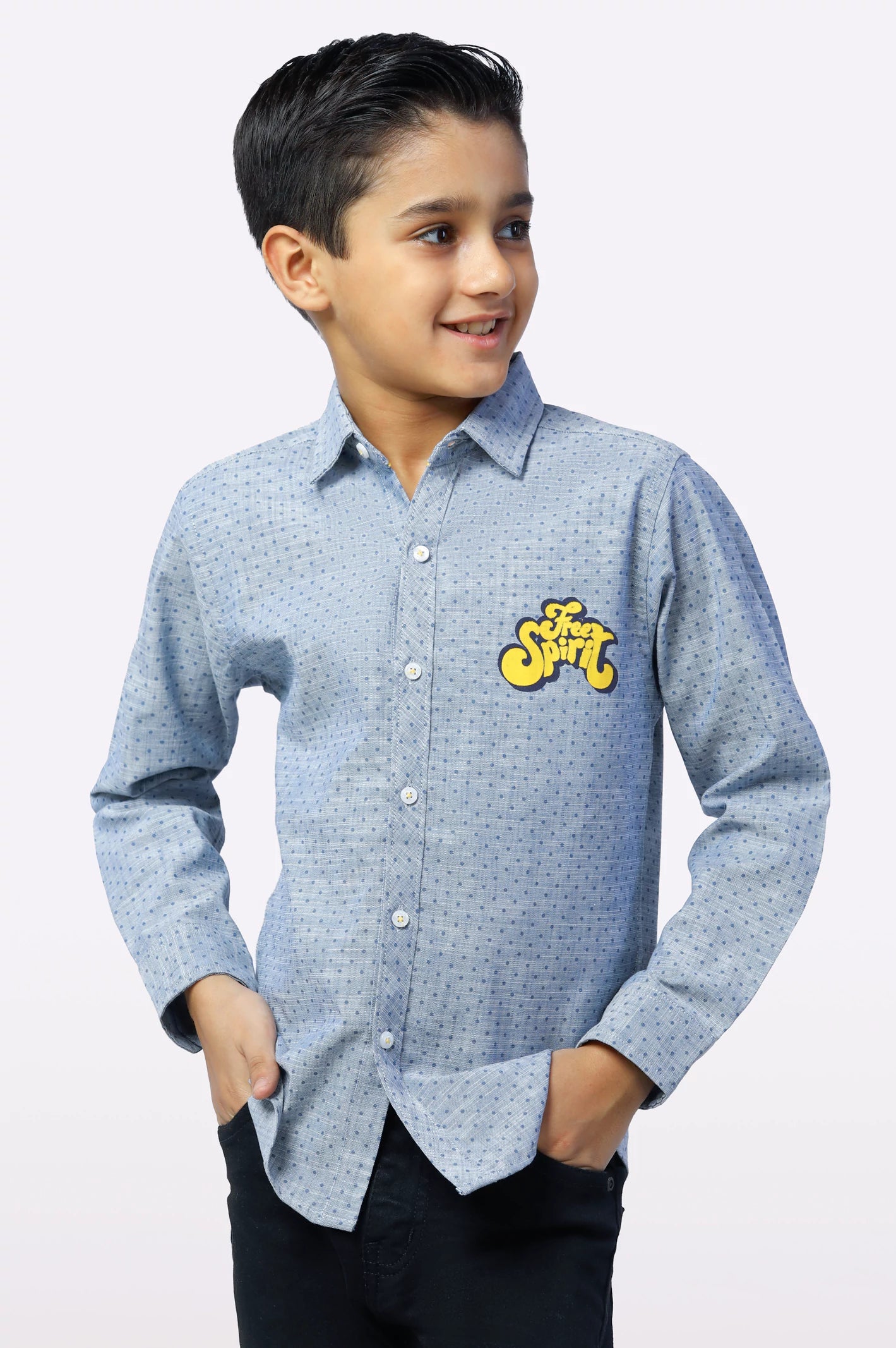 Skull Button Down Shirt-Blue Dotted Print Boys Shirt