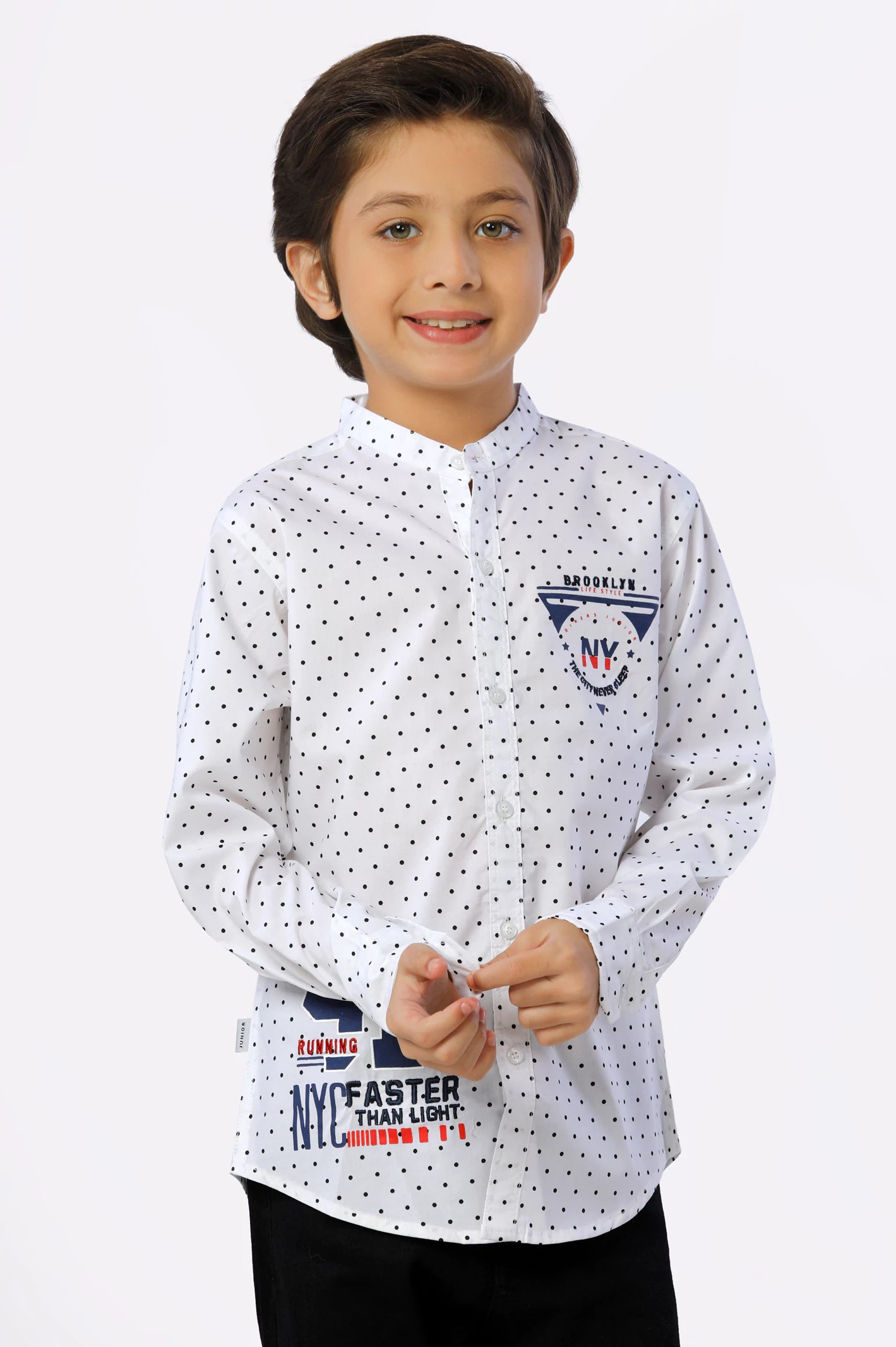 Corduroy Button Down Shirt-White Polka Dots Printed Boys Shirt