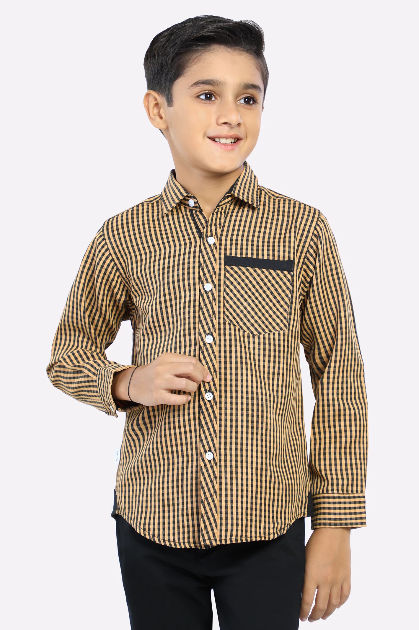 Cotton Button Down Shirt-Mustard Gingham Check Casual Shirt