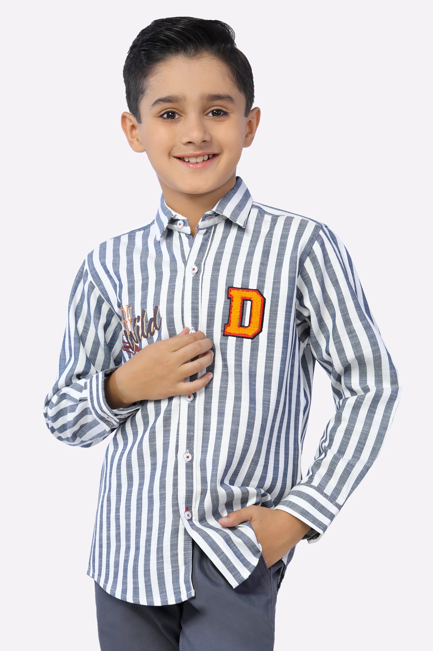 Polyester Button Down Shirt-Navy Awning Stripe Boys Shirt