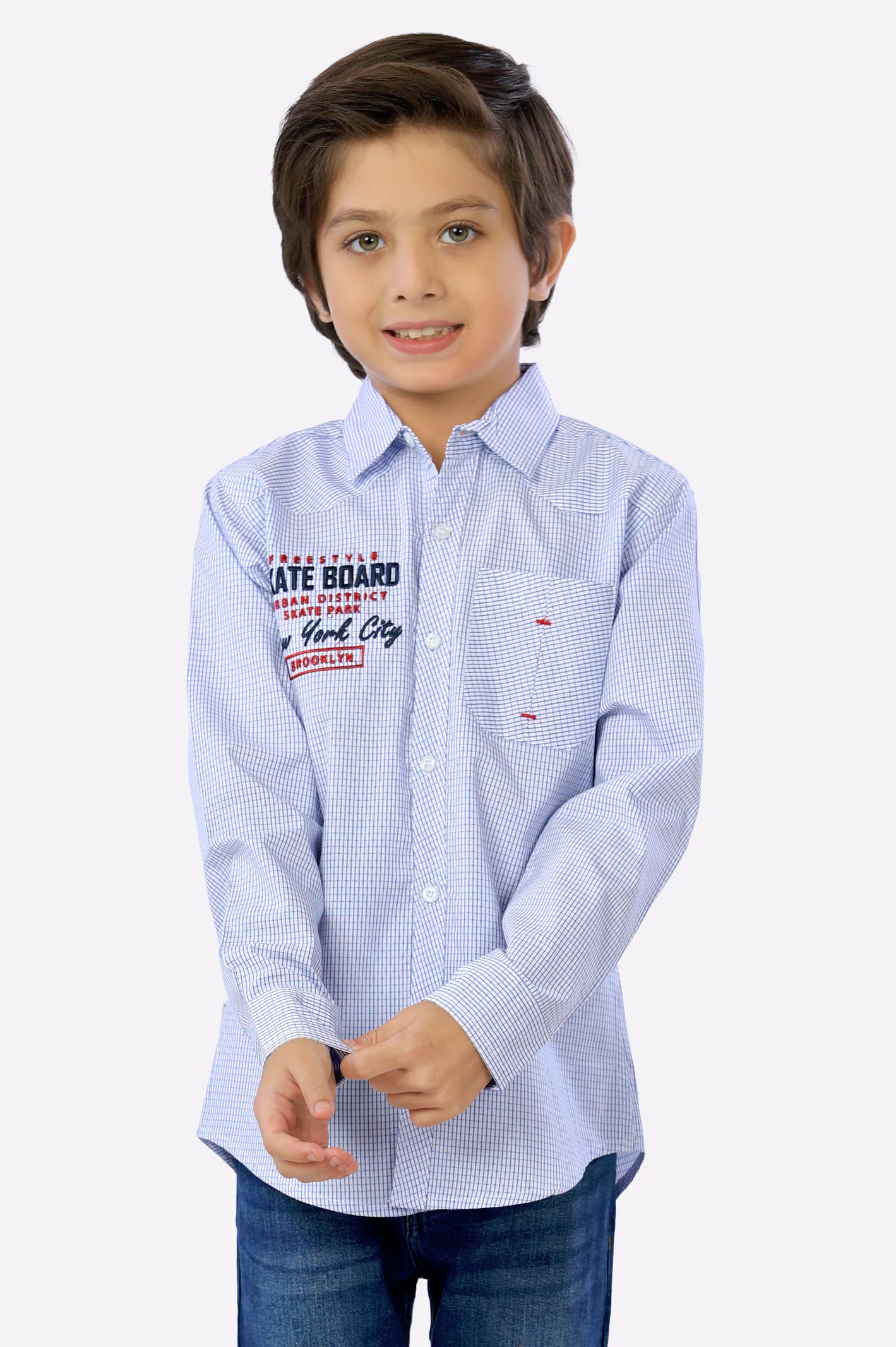 Neon Button Down Shirt-Blue Mini-Check Boys Shirt