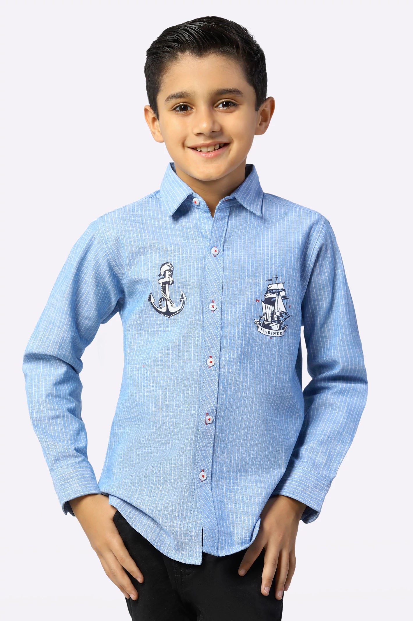 Embroidered Button Down Shirt-Blue Stipe Textured Boys Shirt