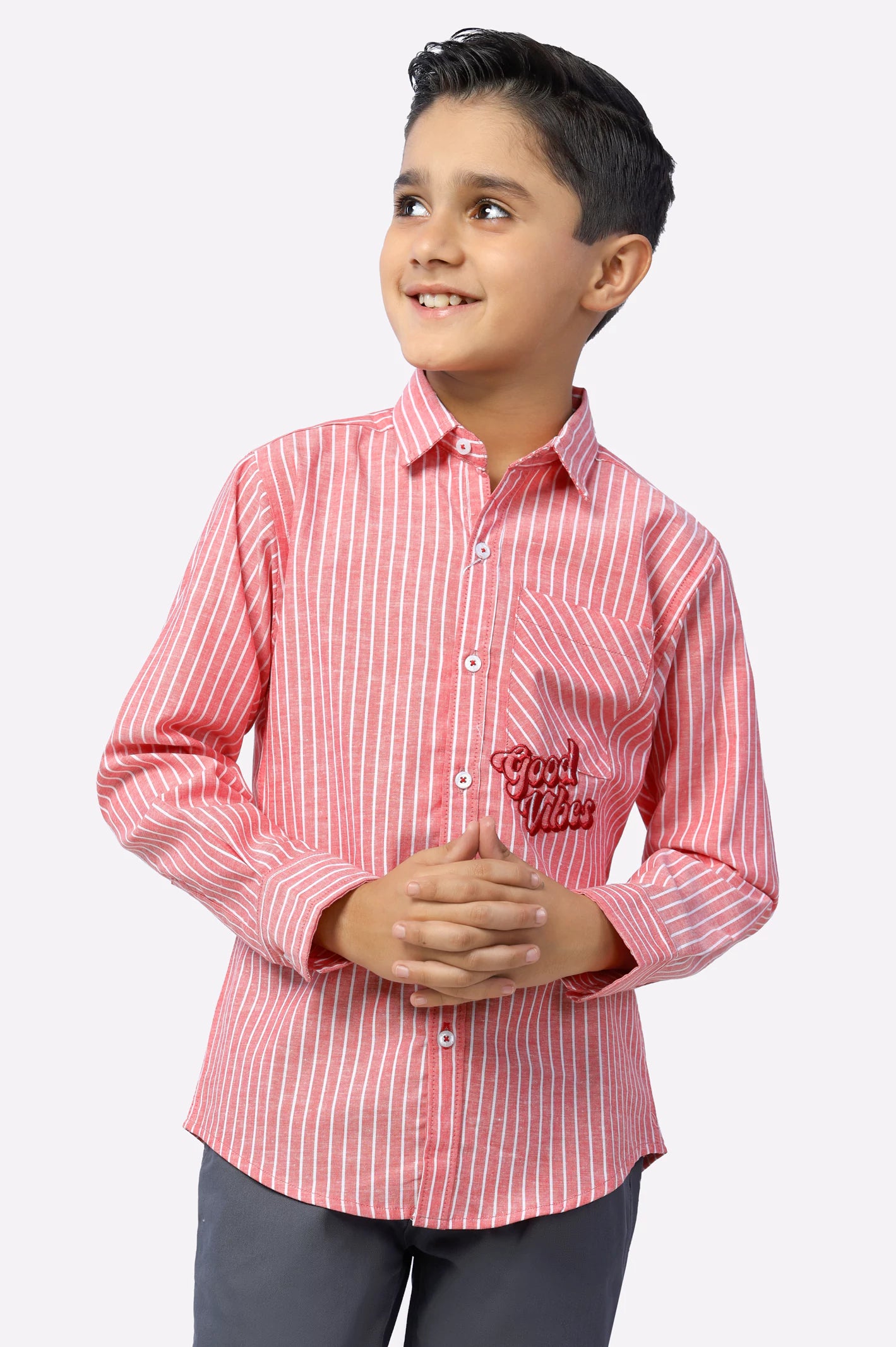 Wrinkle-Free Button Down Shirt-Red Stripes Boys Shirt