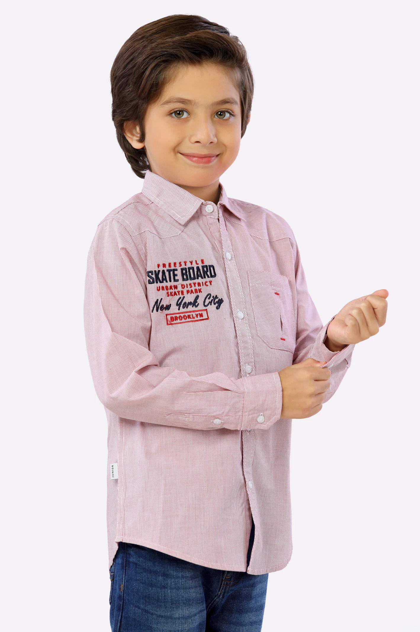 Rayon Button Down Shirt-Red Mini-Check Boys Shirt