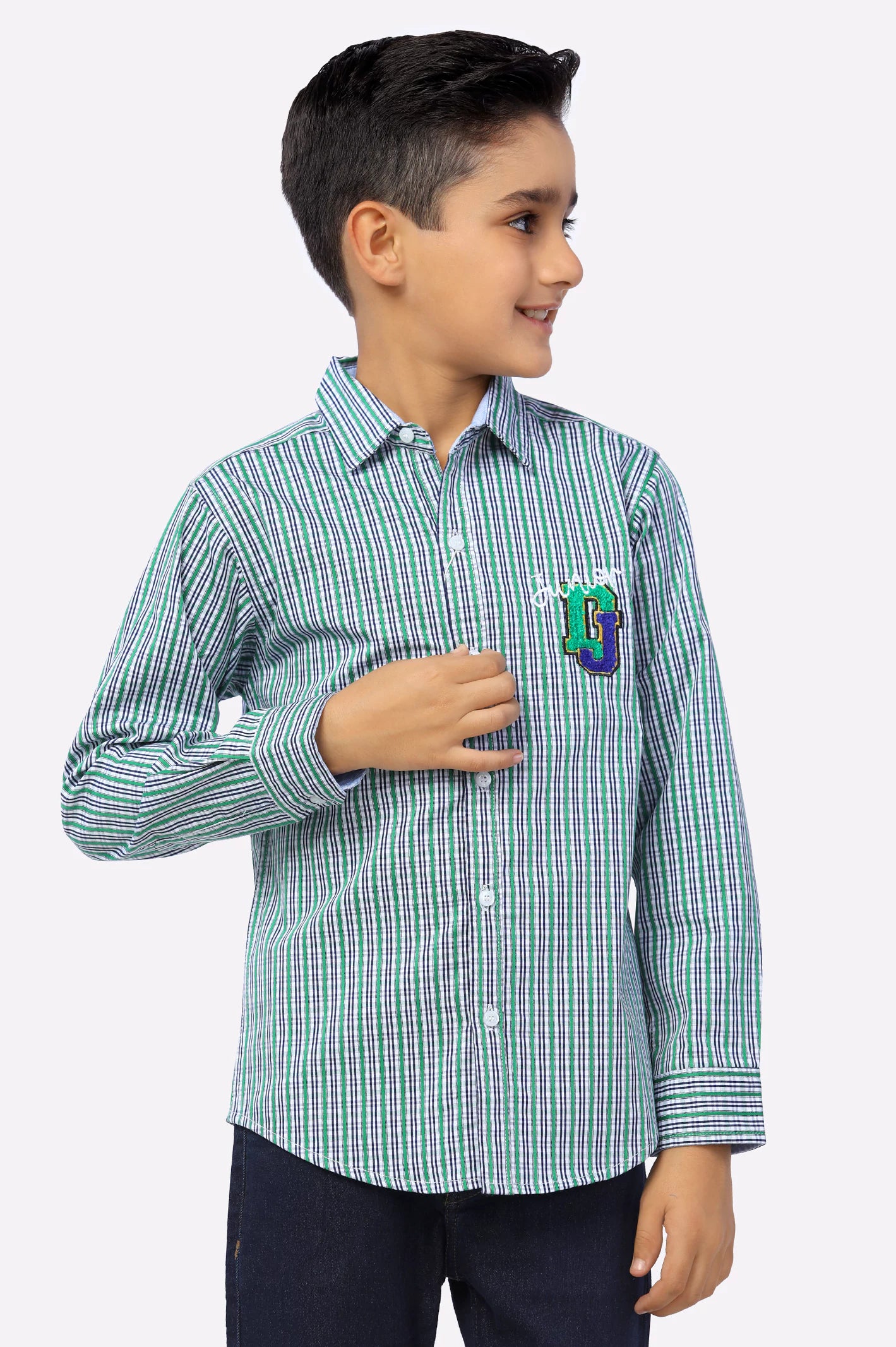 Flame Button Down Shirt-Green Stripes Boys Shirt