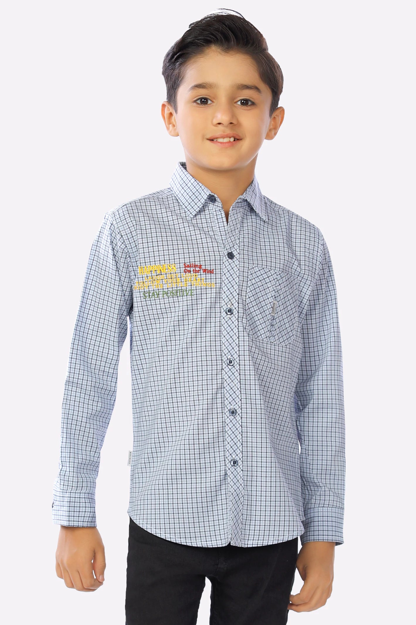 Printed Button Down Shirt-Grey Tattersall Check Boys Shirt