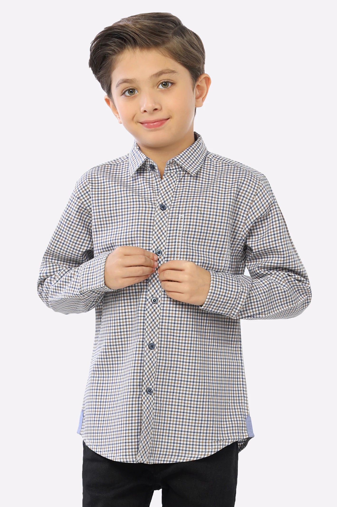 Breathable Fabric Button Down Shirt-Blue Gingham Check Boys Shirt