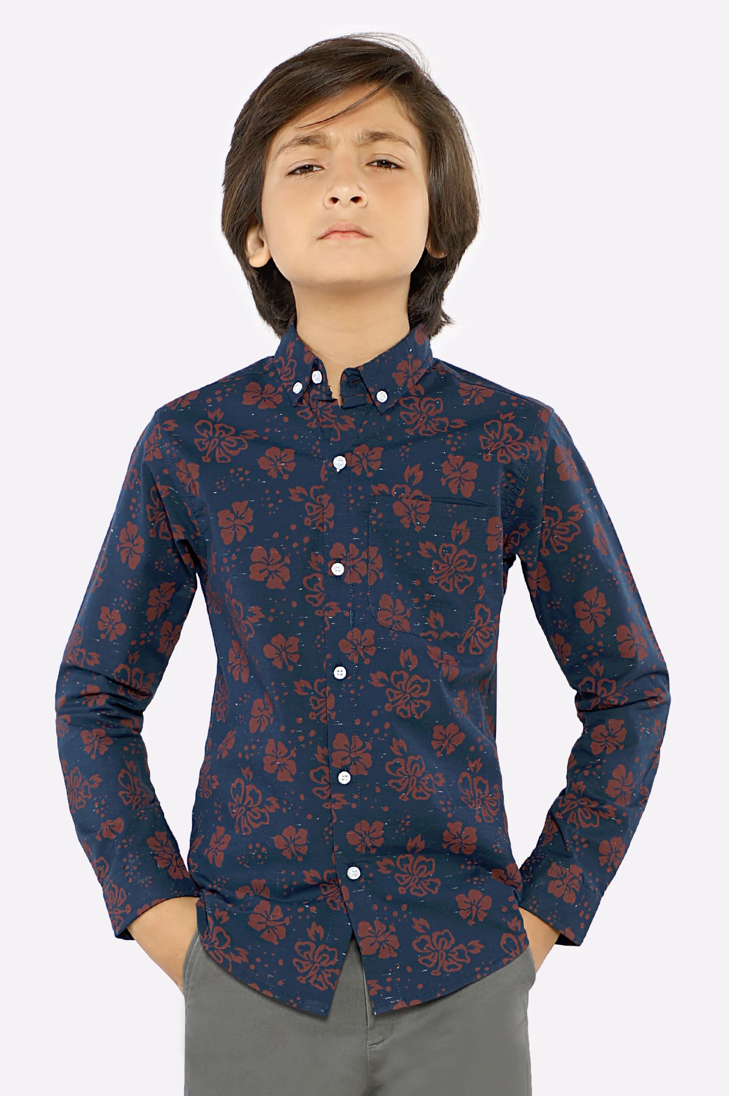 High-End Button Down Shirt-Navy Floral Printed Casual Shirt