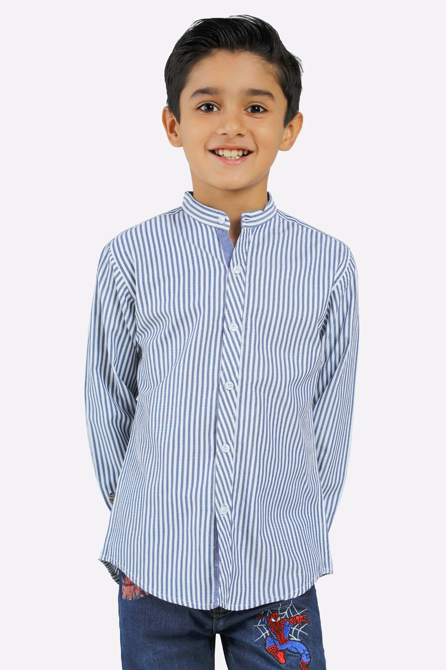 Patchwork Button Down Shirt-Blue Striped Casual Shirt