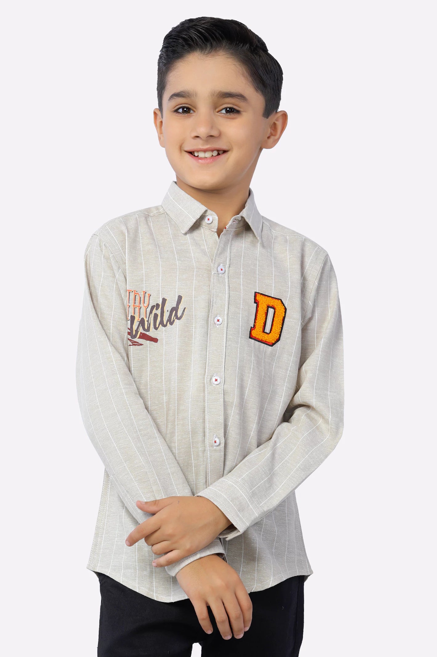 Stretch Button Down Shirt-Fawn Self Textured Boys Shirt