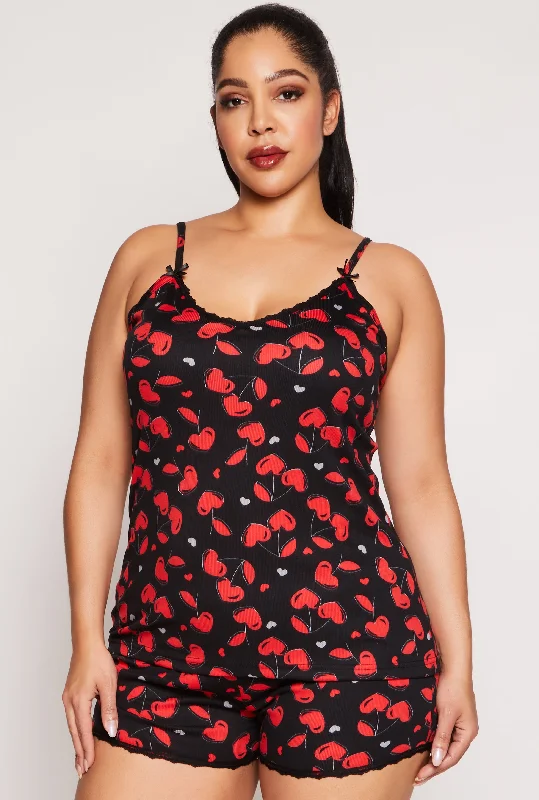 Reflective Shorts-Plus Size Heart Cherry Pajama Cami with Shorts