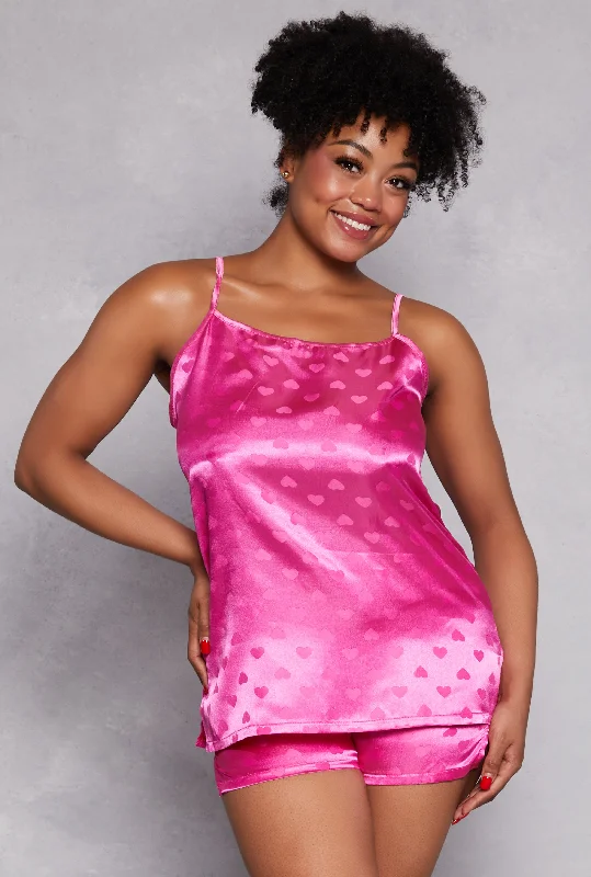 Quick Dry Shorts-Plus Size Satin Heart Pajama Cami with Shorts