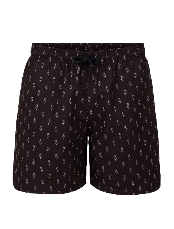 Elastic Waist Shorts-Black Flamingo Stretch Swim Shorts