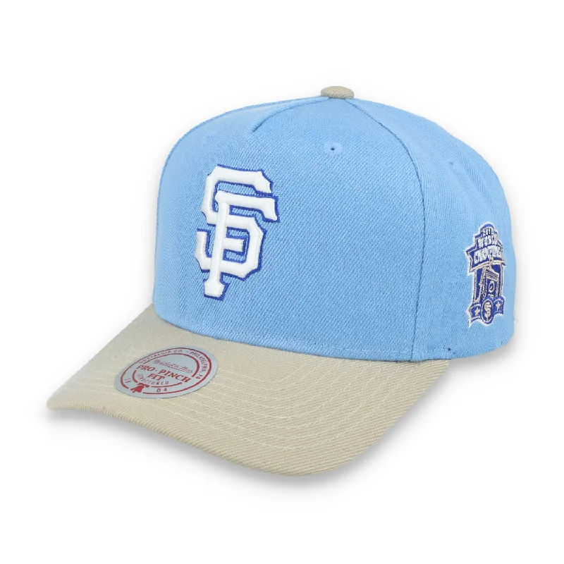 Fitted Hat-Mitchell & Ness San Francisco Giants 2012 World Series Side Patch Pro Pitch Snapback Hat-Light Blue/Beige