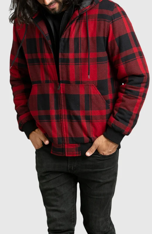 Graphic Jacket-Red Hooded Flannel Bomber Jacket