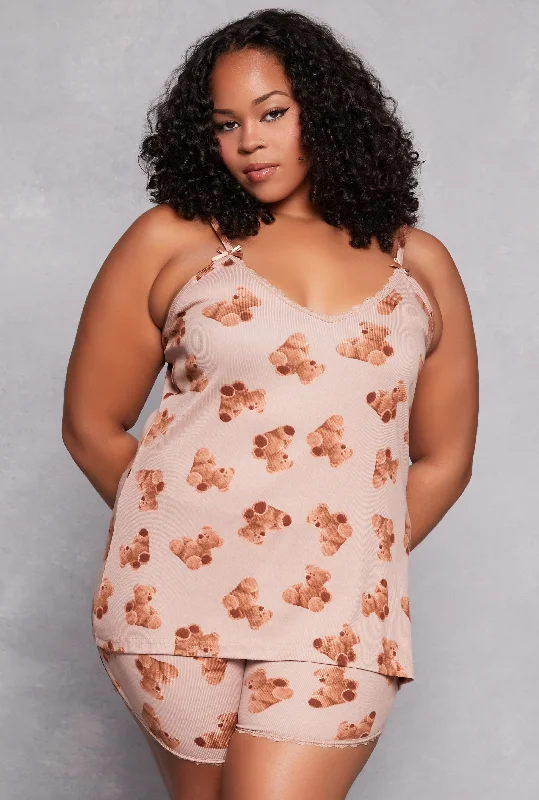 Swim Shorts-Plus Size Teddy Bear Print Pajama Cami Top and Shorts