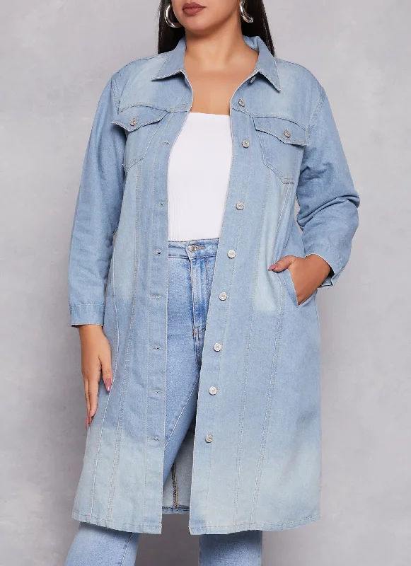 Artistic Jacket-Plus Size Light Wash Longline Jean Jacket