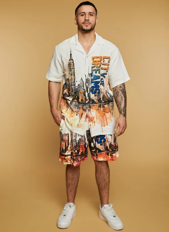 Rock Shorts-Mens City Of Dreams Graphic Shorts