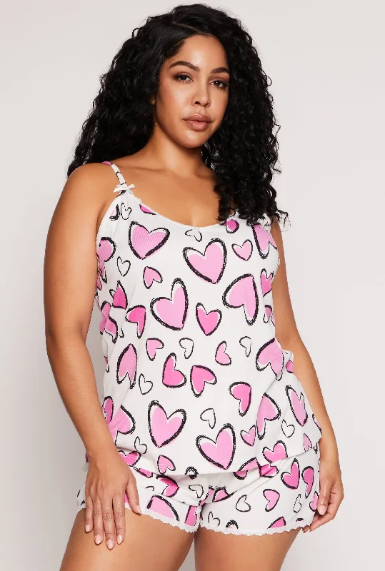 Holiday Shorts-Plus Size Heart Print Pajama Cami and Shorts