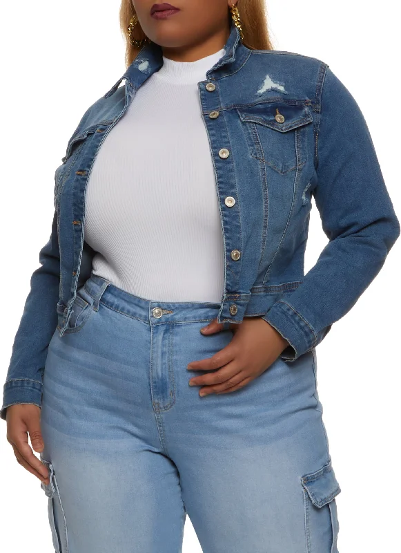 Color Block Jacket-Plus Size WAX Distressed Cropped Jean Jacket