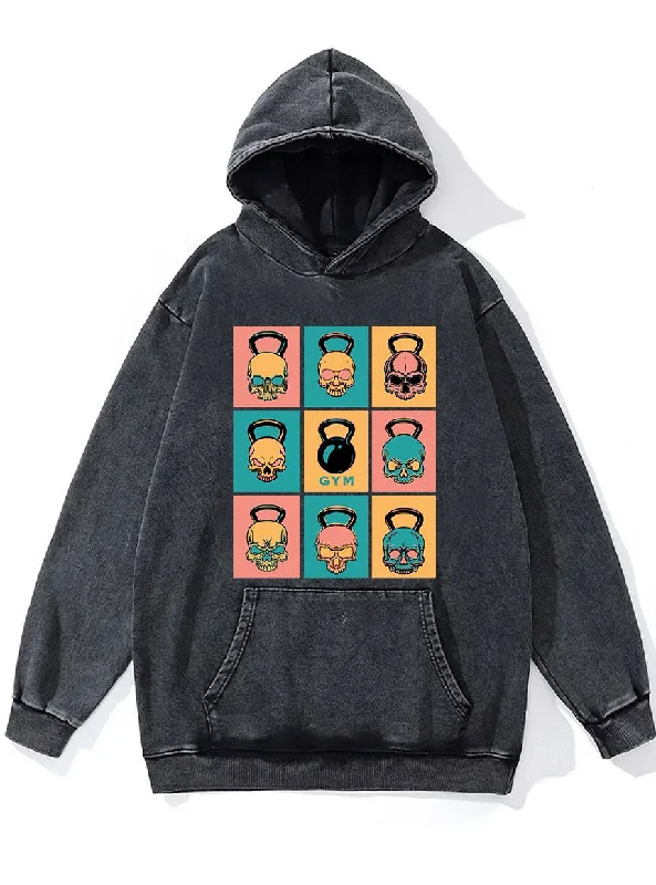 Cartoon Hoodie-Kettlebell Skull Washed Gym Hoodie