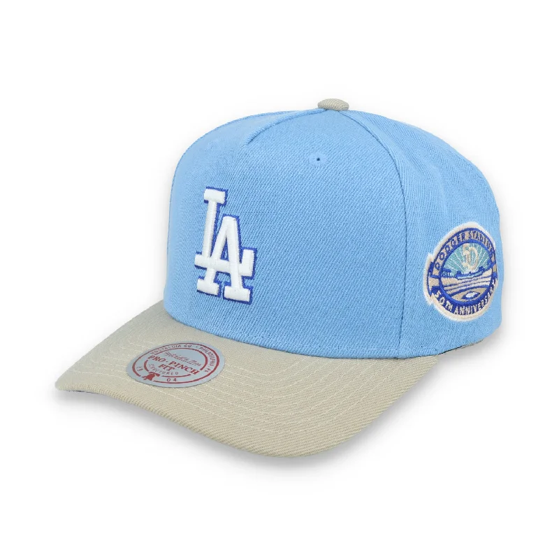 Adjustable Hat-Mitchell & Ness Los Angeles Dodgers 50th Anniversary Side Patch Pro Pitch Snapback Hat-Light Blue/Beige