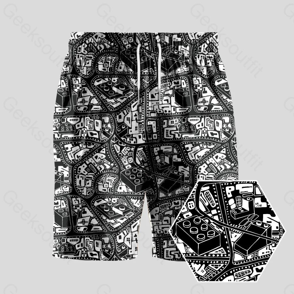 Drawstring Shorts-3D Map Lego Black Geeky Drawstring Shorts