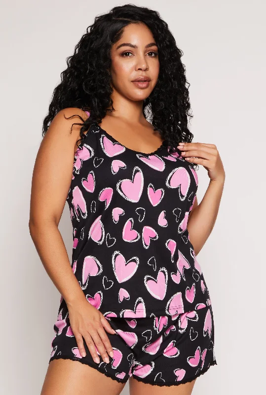 Glow In The Dark Shorts-Plus Size Heart Print Pajama Cami and Shorts