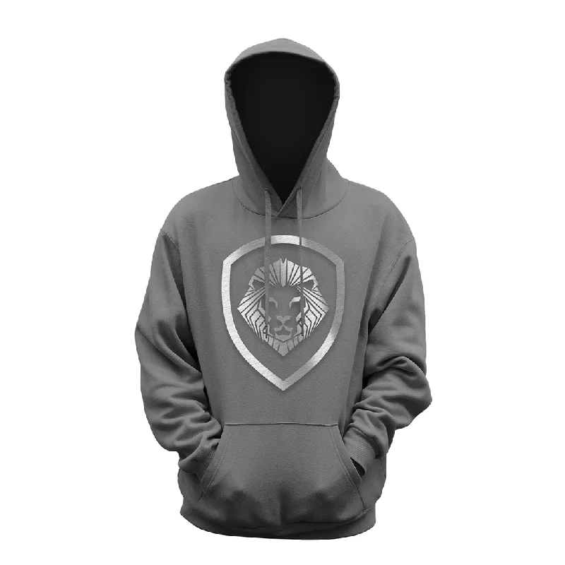 Sleeveless Hoodie-Valuetainment Lion Shield Grey Pullover Performance Hoodie