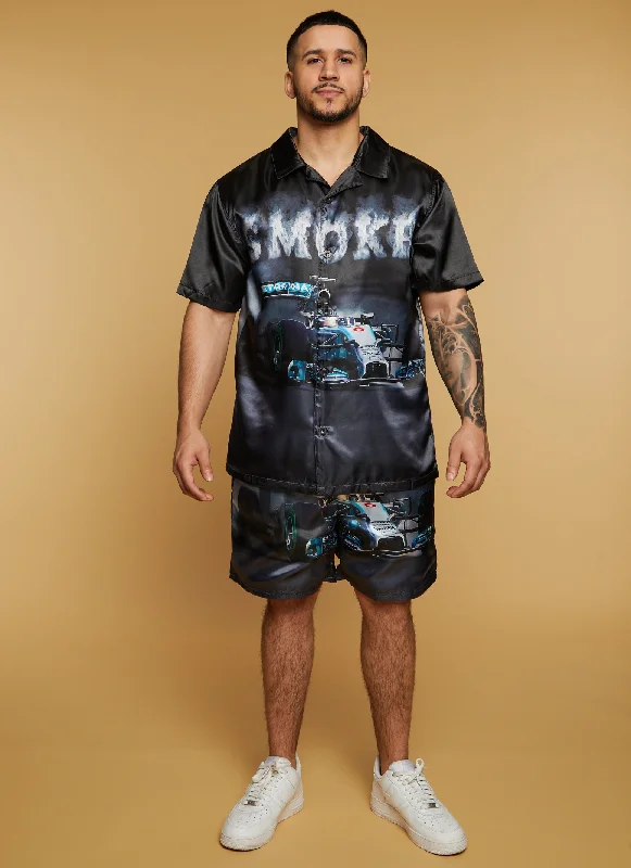 Printed Shorts-Mens Smoke Race Car Graphic Shorts