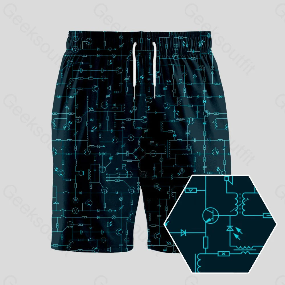 Relaxed Fit Shorts-Electronic Components Arrow Dark Blue Geeky Drawstring Shorts