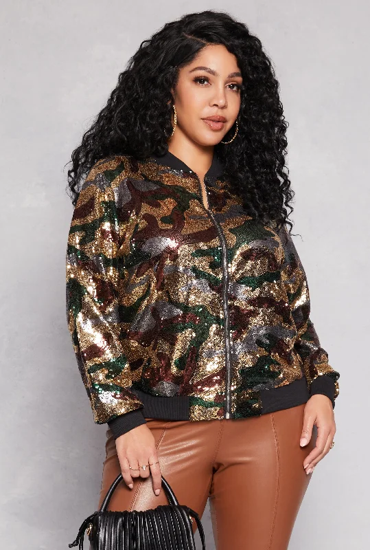 Aesthetic Jacket-Plus Size Sequin Camo Bomber Jacket