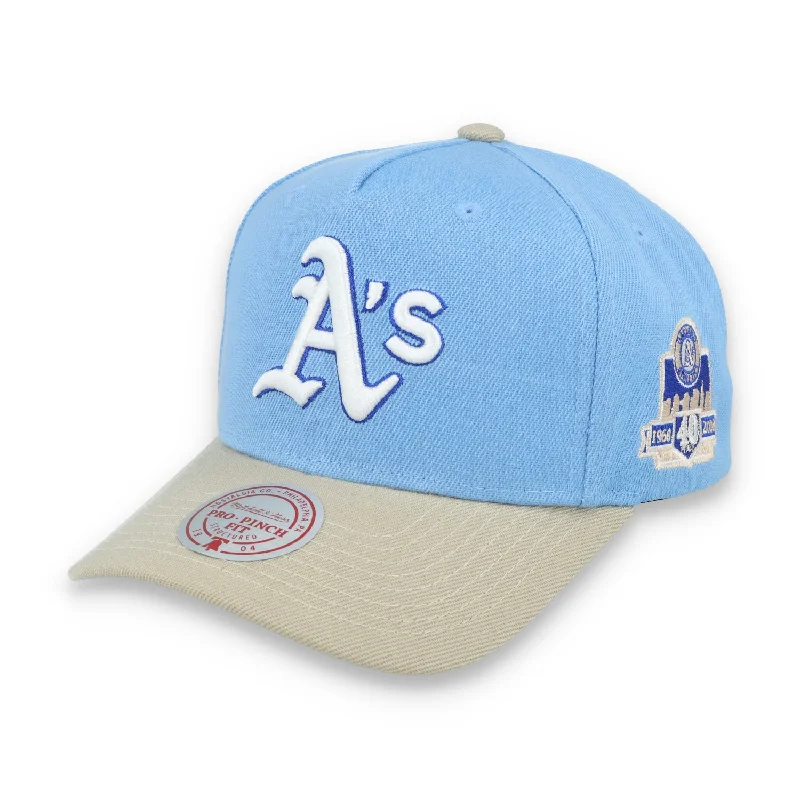 Dad Hat-Mitchell & Ness Oakland Athletics 40TH Anniversary Side Patch Pro Pitch Snapback Hat-Light Blue/Beige