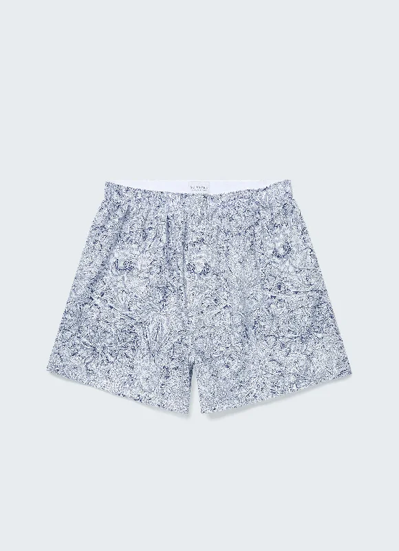 Pajama Shorts-Men's Classic Boxer Shorts in Liberty Fabric in Indigo Morris