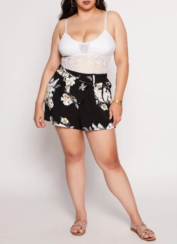 Golf Shorts-Plus Size Floral Print Tie Waist Shorts