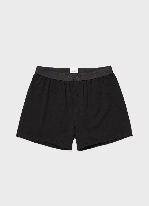 Elastic Waist Shorts-Men's Superfine Cotton One-Button Boxer Shorts in Black