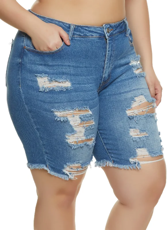 Tennis Shorts-Plus Size Distressed Denim Bermuda Shorts