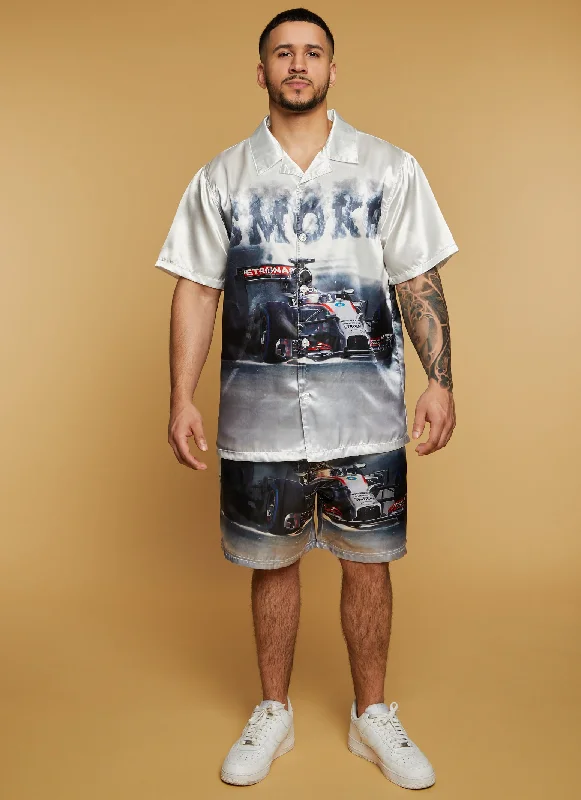 Striped Shorts-Mens Smoke Race Car Graphic Shorts