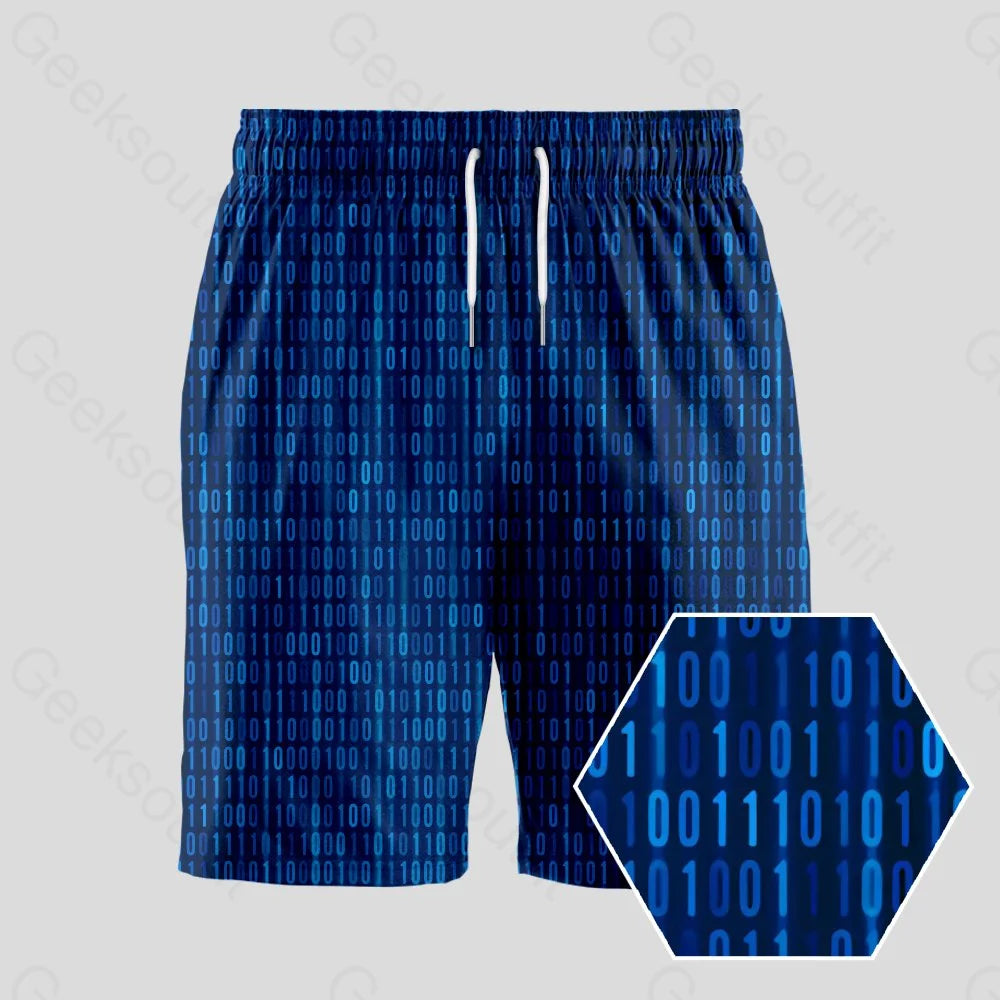 Party Shorts-Binary Computer 1s and 0s Blue Geeky Drawstring Shorts