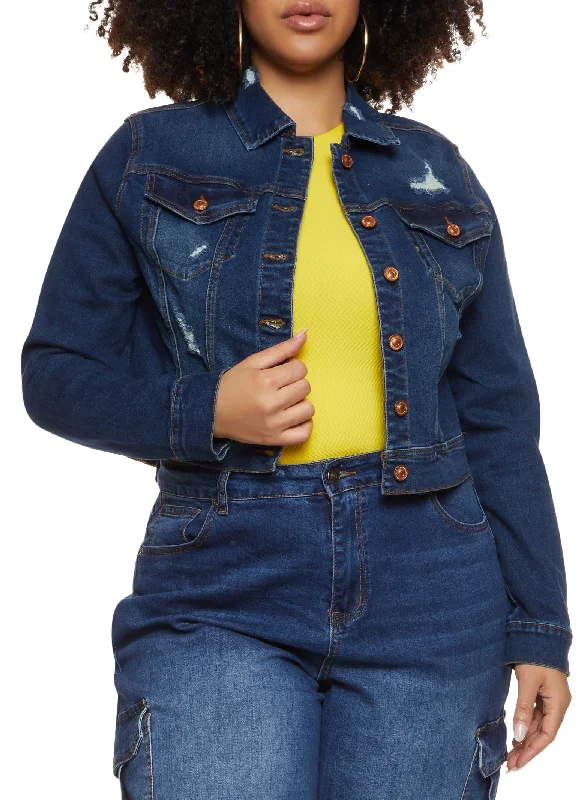 Party Jacket-Plus Size WAX Distressed Cropped Jean Jacket