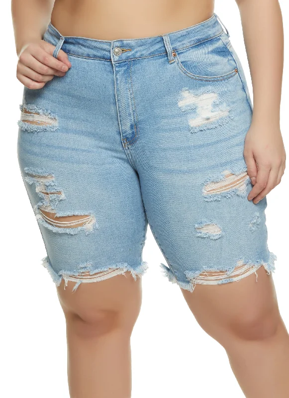 Baseball Shorts-Plus Size Distressed Denim Bermuda Shorts