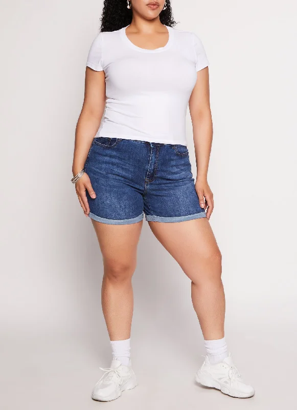 Breathable Mesh Shorts-Plus Size WAX High Waist Cuffed Shorts