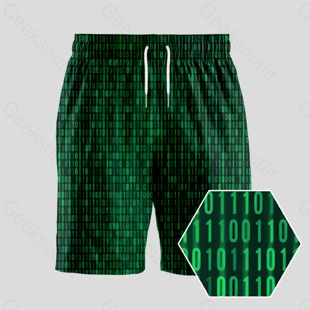 Printed Shorts-Binary Computer 1s and 0s Green Geeky Drawstring Shorts