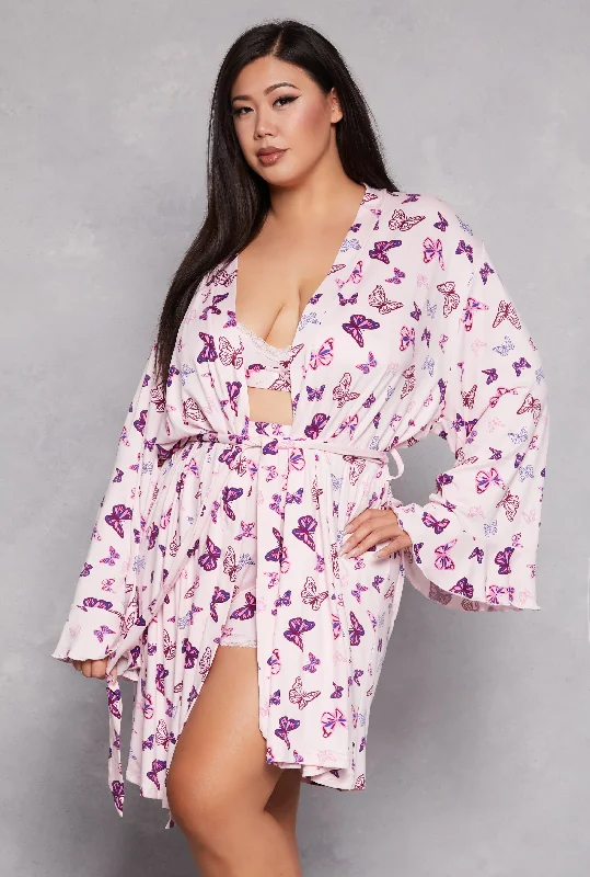 Sleep Shorts-Plus Size Butterfly Print Pajama Bralette and Shorts with Robe