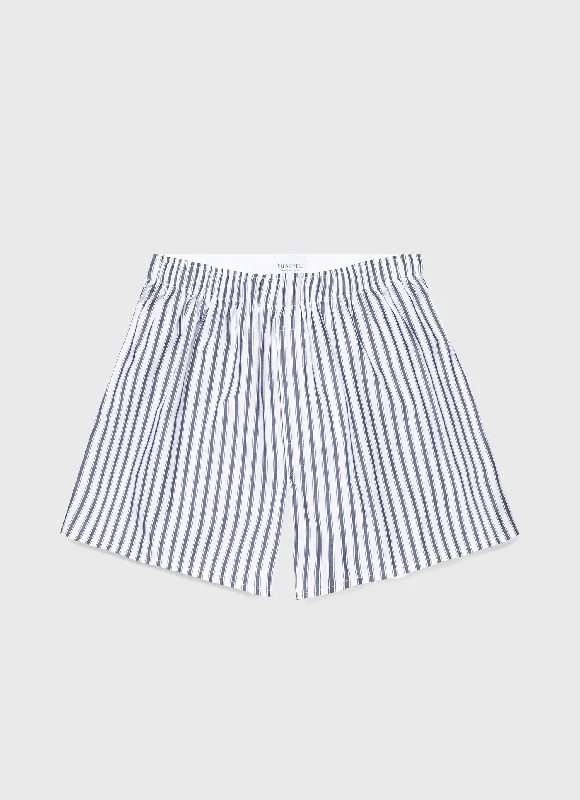 Swim Shorts-Men's Classic Boxer Shorts in White/Navy Stripe