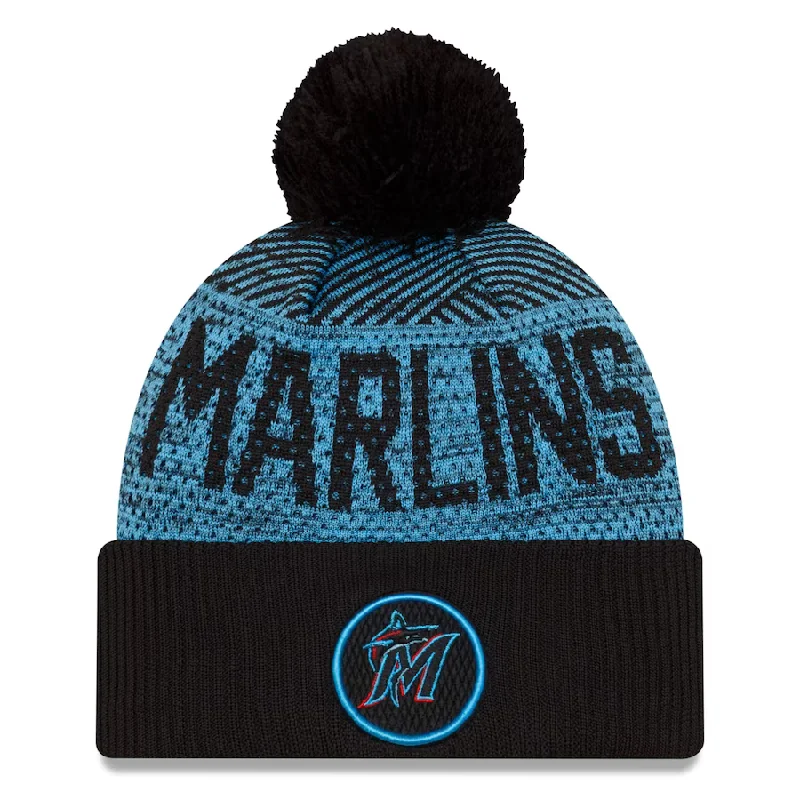 Custom Hat-New Era Miami Marlins Authentic Collection Sport Cuffed Knit Hat with Pom-Black