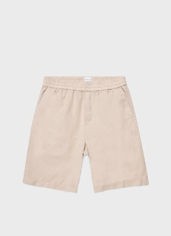 Plaid Shorts-Men's Cotton Linen Drawstring Shorts in Light Sand