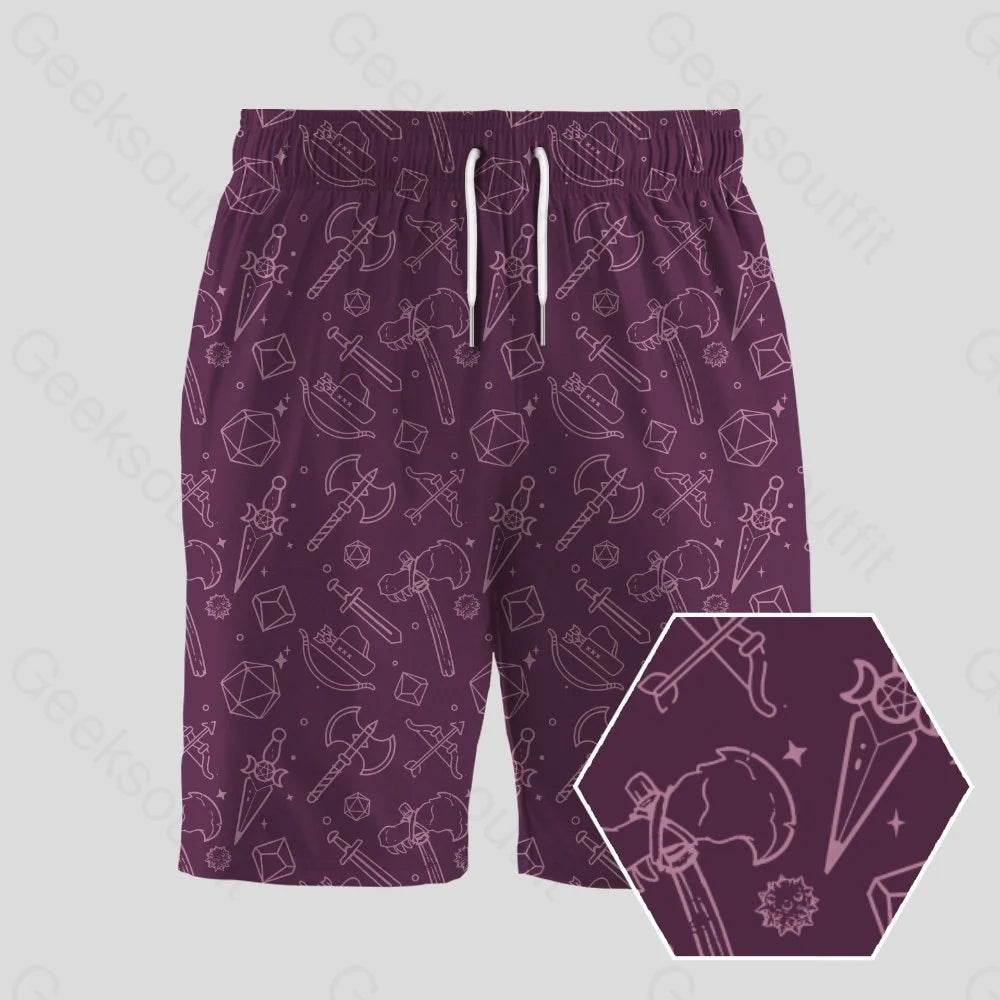 High Waist Shorts-DND Medieval Weapons Wine Red Geeky Drawstring Shorts