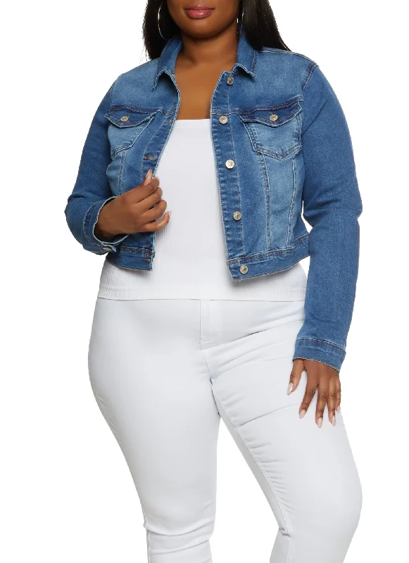 Two-Tone Jacket-Plus Size WAX Solid Denim Jacket