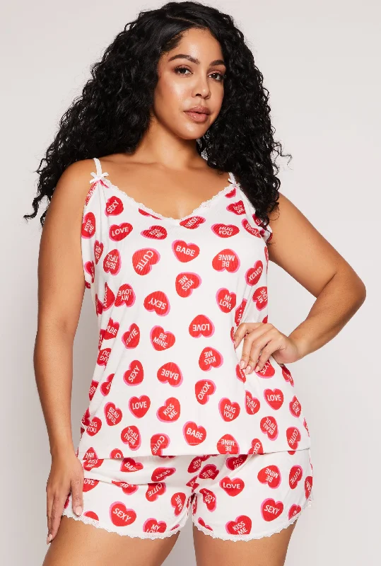 Summer Shorts-Plus Size Heart Graphic Print Pajama Cami and Shorts